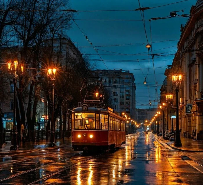 Cozy tram - My, Tram, Town, Rain, Evening, After the rain, Neural network art