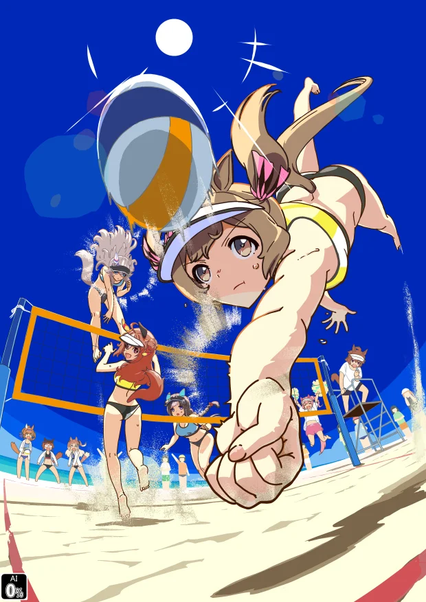 Mudmen play beach volleyball - Anime, Anime art, Uma musume pretty derby, Animal ears, Tail, Beach volleyball, Haru Urara