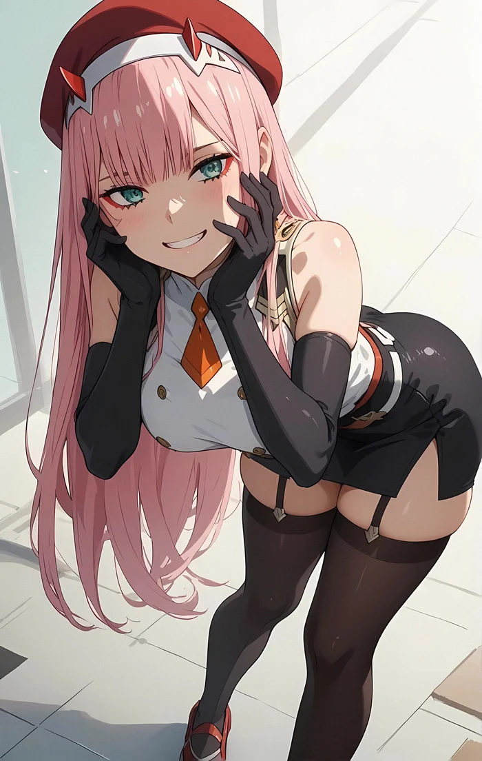 This hat suits her - Anime, Anime art, Zero two, Darling in the Franxx, Stockings, Garters, Smile, Neural network art