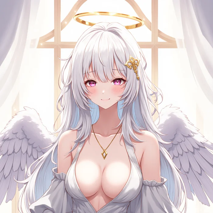 Heavenly beauty - My, Anime, Anime art, Stable diffusion, Neural network art, White hair, Girls, Neckline, Angel, Wings, The dress, Close-up