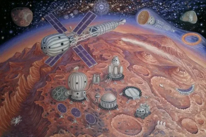 Mission to Mars, oil on canvas - My, Art, Space, Space fiction, Science fiction, Cosmonautics, Spaceship, Mars, NASA