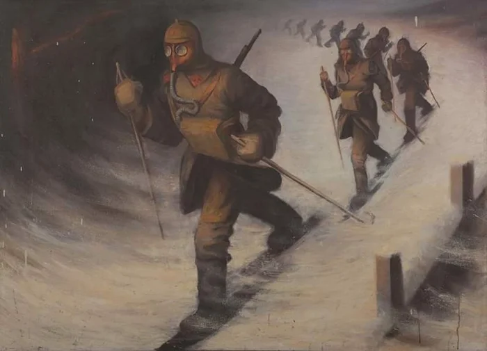 Training skiing of Red Army soldiers in gas masks. 1933. Gavrilov A.A. - Art, Red Army, the USSR, Sport, Budenivka, Mask