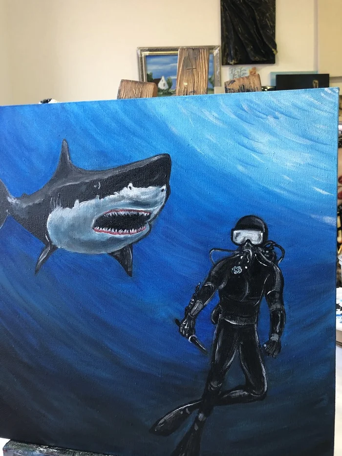 A gift for a diver) - My, Painting, Canvas, Author's painting, Painting, Acrylic, Diving, Shark, Video, Vertical video, Longpost