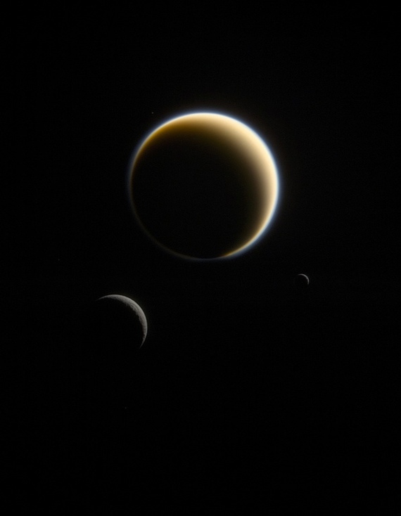 Saturn's moons Titan, Rhea and Mimas in one photo from the Cassini probe! - Astronomy, Universe, Cassini, Saturn