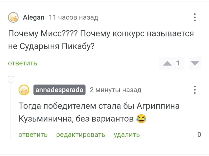 Кстати, да. Где Агриппина Кузьминична? - Волна постов, Мисс Пикабу, Пал Палыч и Агриппина Кузьминична, Скриншот, Комментарии на Пикабу