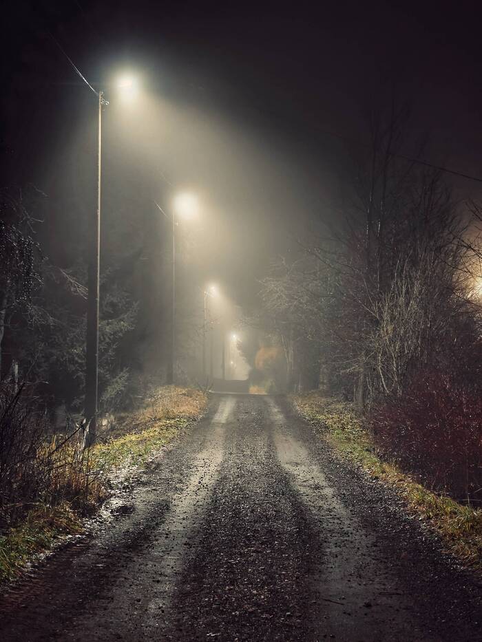 Late evening on a village street - My, The photo, Leningrad region, Fog, The street, Village, Evening, Mobile photography, Autumn