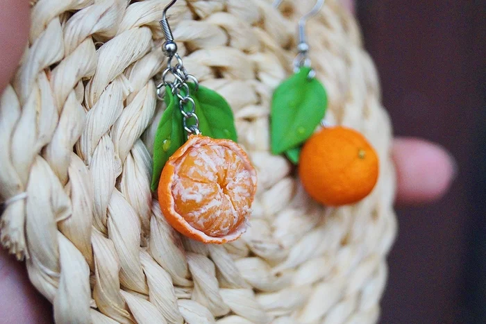 Earrings with tangerines - My, Polymer clay, Needlework without process, Friday tag is mine, Tangerines, Лепка, New Year