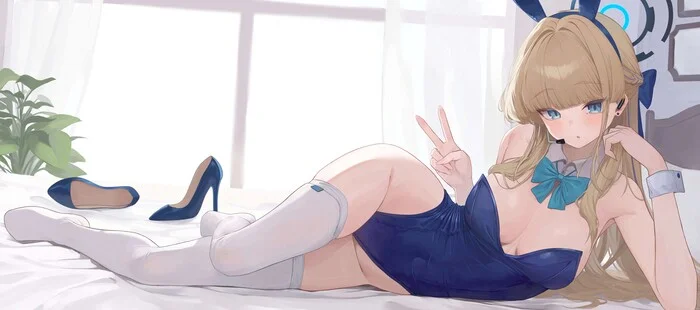 Asuma Toki #009 - Anime, Anime art, Blue archive, Asuma Toki, Girls, Stockings, Shoes, Blue eyes, Blonde, Lies, Bunny ears, Window, Embarrassment, Plants, The bow tie, Nimbus, Bow, Earrings