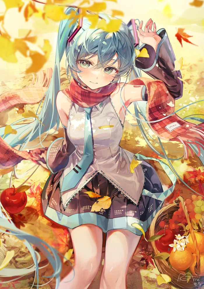 Autumn - Hatsune Miku, Vocaloid, Anime art, Vocaloid Art, Autumn, Autumn leaves, Scarf