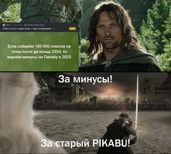 pikabu's answer to One plus = one push-up - My, Challenge, A wave of posts, Peekaboo, Reply to post, Text, Aragorn, Minuses, Pros and cons, Memes