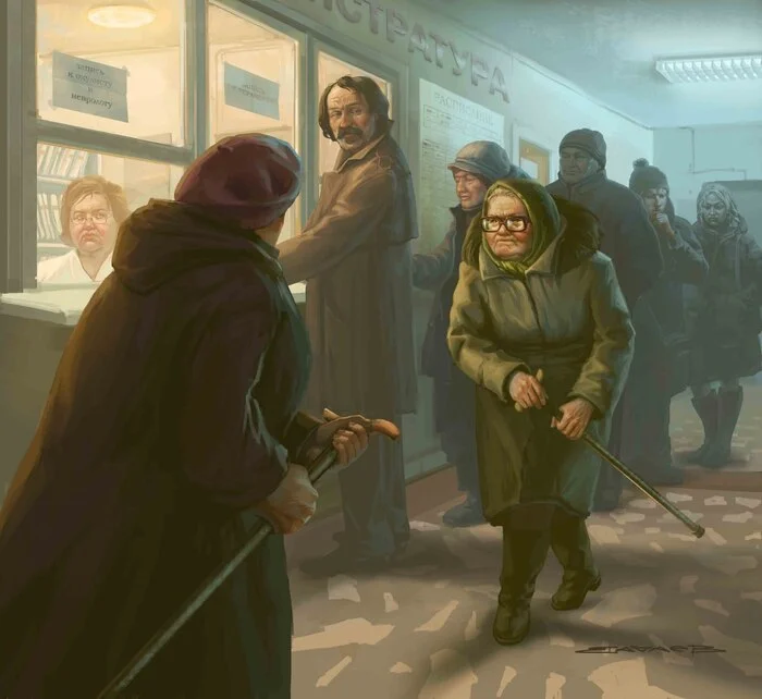 Duel - Art, Polyclinic, Queue, Dispute, Registry, Make an appointment, Evil grandmothers, Duel, Cane, Mikhail Vachaev, Repeat