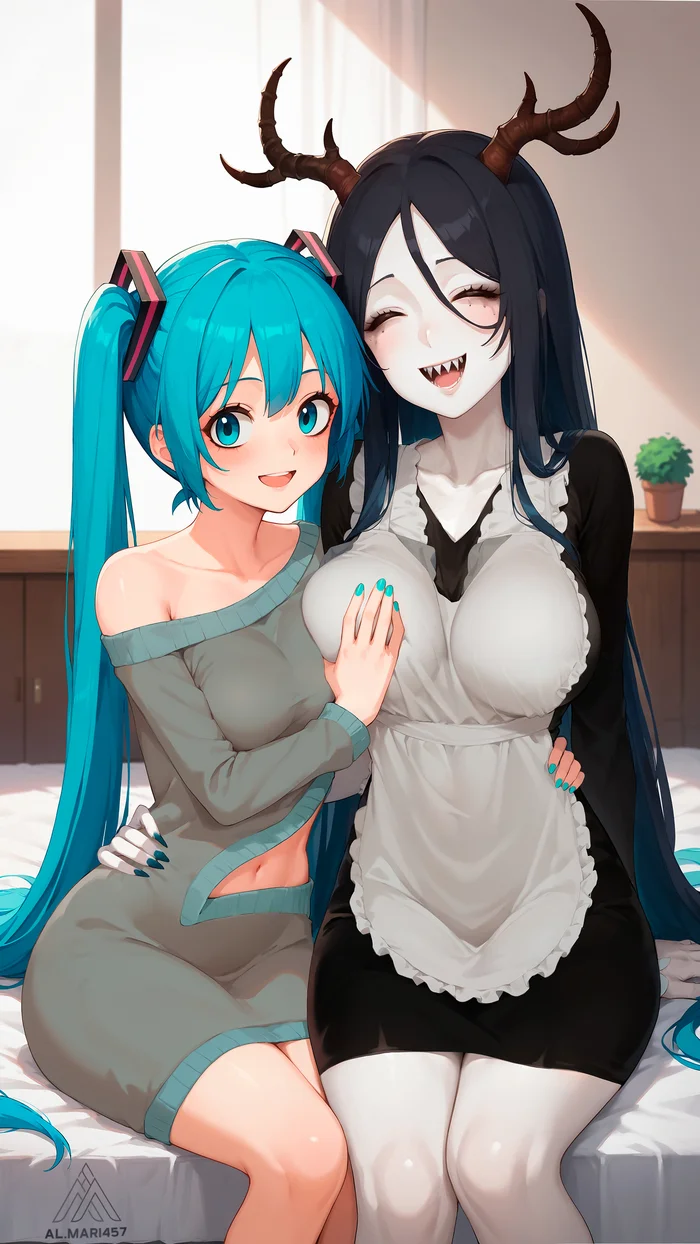 Friday Miku #17.1: Look how I dressed up Yrka! - My, Friday Miku, Hatsune Miku, Original character, Evil spirits, Monster girl, Girls, Two, Girl with Horns, Anime art, Digital drawing, Neural network art, Stable diffusion, Milota, Zhmyak, Housemaid