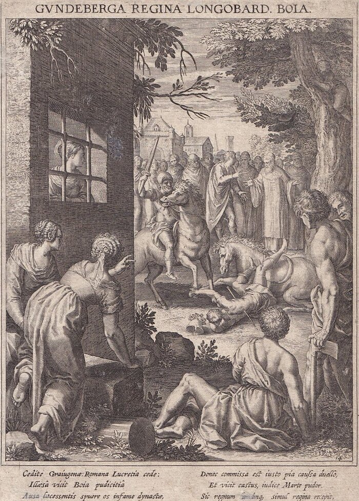 Рафаэль Сандлер. "Королева Гундеберга смотрит из окна своей темницы на судебный поединок". Гравюра 1618 года.