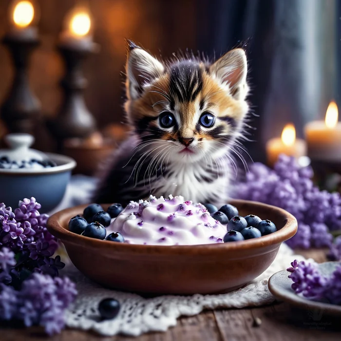 Happy Blueberry Curd Dessert Day! - My, Neural network art, Chatgpt, Stable diffusion, Art, 2D, cat, Cottage cheese, Blueberry, Dessert, Postcard, Absurd