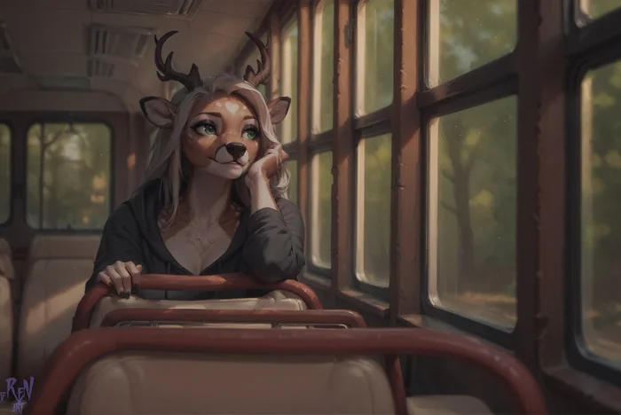 Long Ride - My, Neural network art, Stable diffusion, Furry art, Furry, Furry deer, Soundless, Video, Animation, Kling, Artificial Intelligence, Green eyes, Anthro, Art, White hair, AI videos