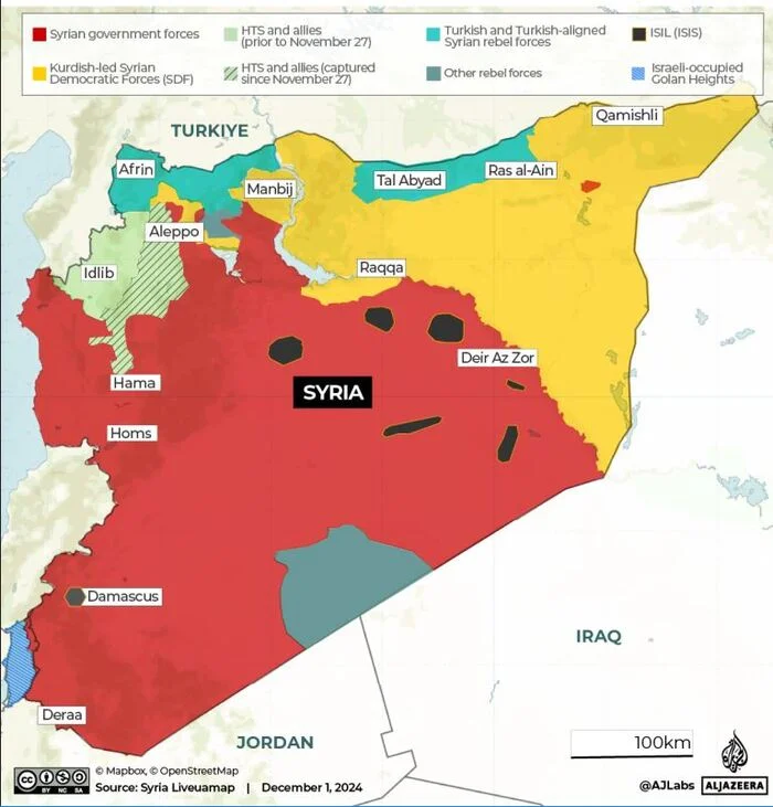 Актуальные зоны контроля в Сирии (карта от агентства «Аль-Джазира) - Политика, Сирия, Ближний Восток, Терроризм