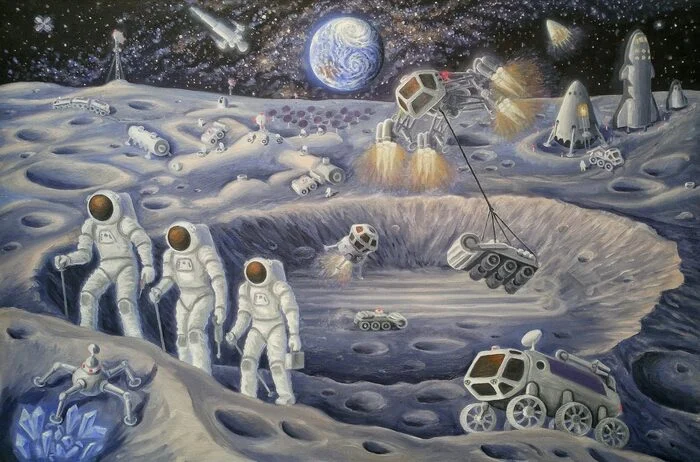 Astronauts on the Moon, canvas, oil - My, Art, Space, Space fiction, Science fiction, Painting, Cosmonautics