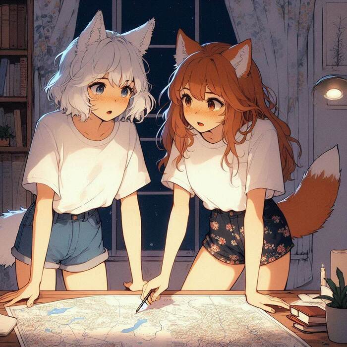 Cake Tour (e01) - My, Neural network art, Art, Нейронные сети, Girls, Anime art, Anime, Original character, Kitsune, Animal ears, Tail, Drive, Travels, Cake, Ginger & White, Longpost