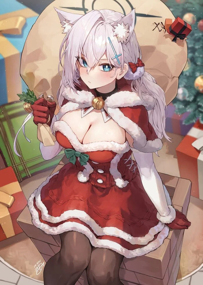 New Year's wolf, came to give gifts, not to bite on the side - Anime, Anime art, Girls, Games, Blue archive, Sunaookami shiroko, Santa Claus, New Year, Animal ears, Kokukyukeo, Shiroko Terror