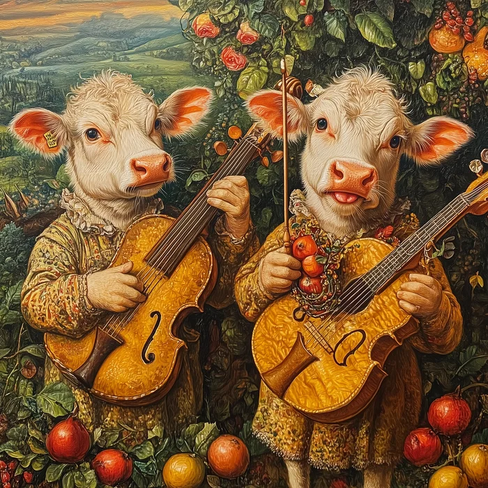 Musicians - My, Neural network art, Нейронные сети, Wordplay, Pun, Humor, Music, Musicians, Images, Midjourney, Cow, Strange humor, Animals, Absurd