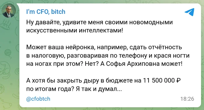 Может ли ИИ заменить бухгалтера? - Моё, Юмор, Скриншот, Бухгалтерия, Бухгалтер, Искусственный интеллект, Нейронные сети, Финансы, Бюджет, Женщины, Технологии, Налоговая проверка