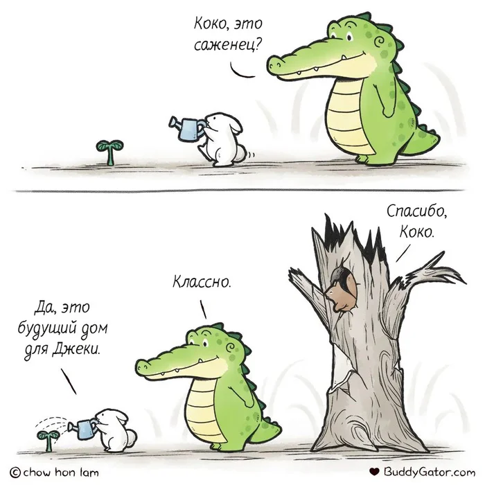 Seedling - My, Buddygator, Translated by myself, Comics, Saplings, Alligator, Tree, Squirrel, House, Rabbit, Help, Care, Kindness, Dilapidated housing