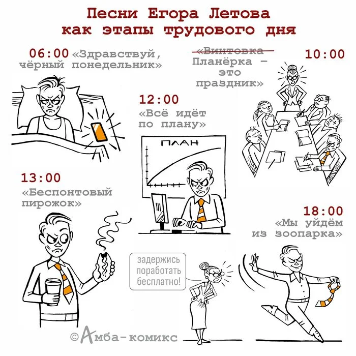 Stages of the working day - My, Comics, Amba Comics, Sad humor, Egor Letov, Work days