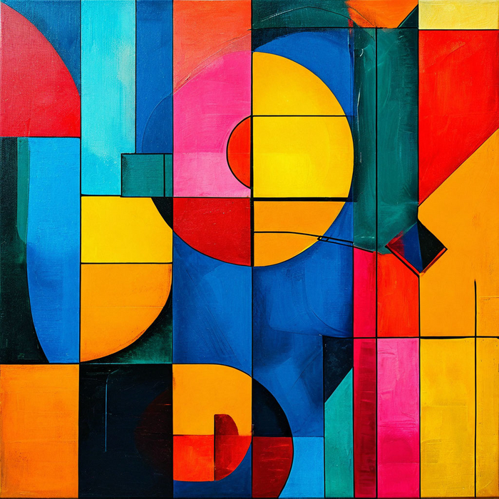 Абстракция с геометрическими фигурами — яркие, насыщенные цвета, динамичные линии.