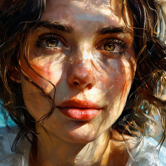 Портрет в стиле импрессионизма — мягкие мазки и игра света на лице.