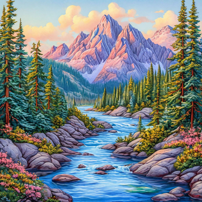 Гармония природы — изображение гор, лесов и рек в спокойных пастельных тонах.