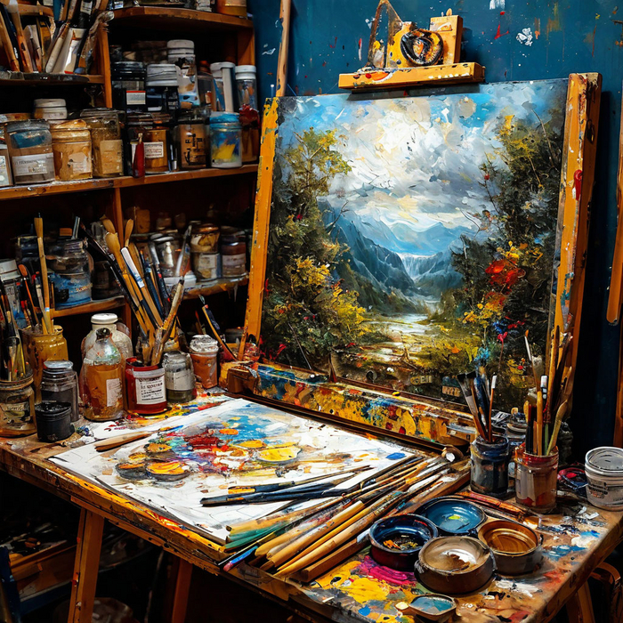 Картина с изображением рабочего процесса художника — кисти, краски и холст, передающие атмосферу творчества.