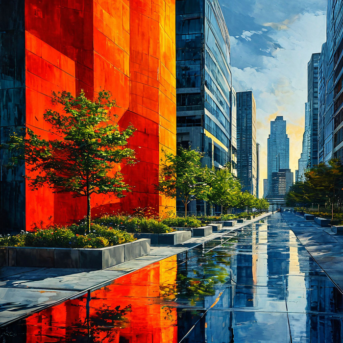 Современный городской пейзаж — сочетание ярких и темных оттенков, создающее ощущение движения.