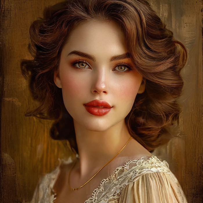 Портрет женщины в винтажном стиле — теплоту изображения подчеркивают золотистые оттенки и легкость мазков.