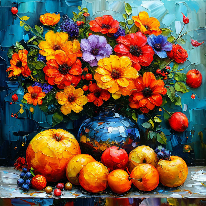 Абстрактный натюрморт с цветами и фруктами — сочетание ярких цветов и необычных форм.
