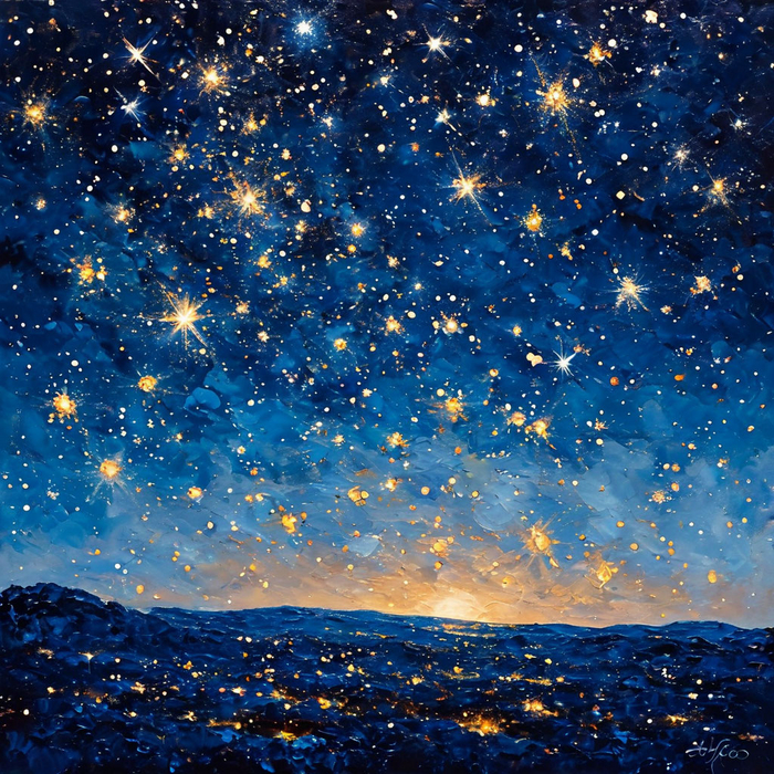 Картина, изображающая ночное небо с звездами — глубокий темно-синий фон с яркими точками света.