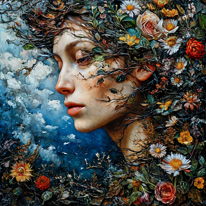 Картина на тему внутреннего мира художника — мифологический образ, переплетение человеческой фигуры с природой.