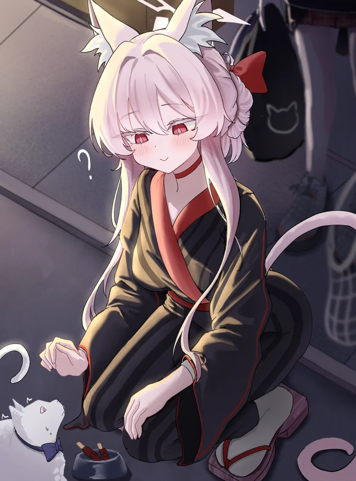 What's wrong, kitty? Someone behind me?... - Anime art, Anime, Blue archive, Kiyosumi Akira, Animal ears, Tail, Yukata, cat