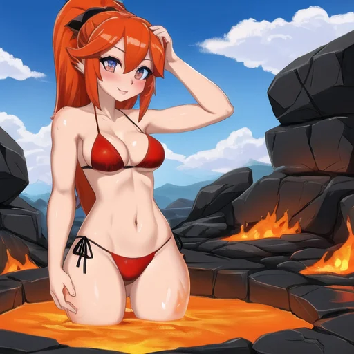 Girl in lava - Bathing, Swimsuit, Girls, Anime, Art, Bikini, Lava, Women