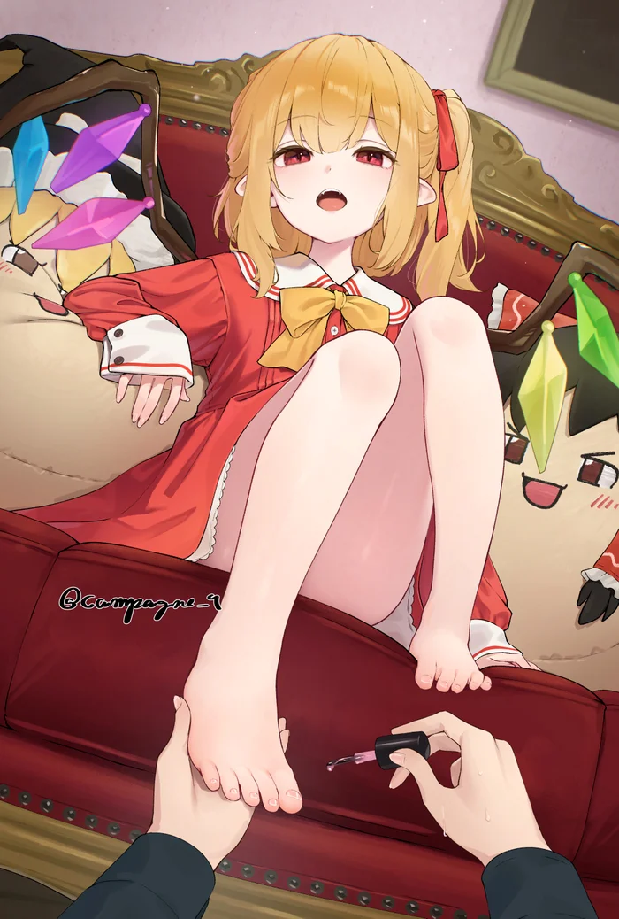 If you screw up, I'll kill you! - Anime, Anime art, Flandre scarlet, Touhou, Kanpa, Foot fetish, Nail polish