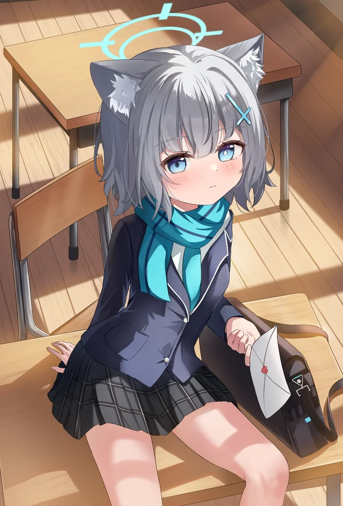 Sunaookami Shiroko #028 - Anime, Anime art, Blue archive, Sunaookami shiroko, Girls, School, Animal ears, Nimbus, Table, Chair, Сумка, School uniform, Skirt, Scarf, Milota, Blue eyes, Sitting, Tie