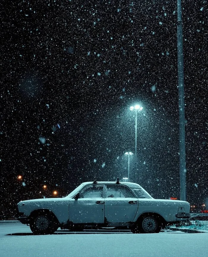 Volga - The photo, Gaz-24 Volga, Snow, Night, Lamp, Snowfall