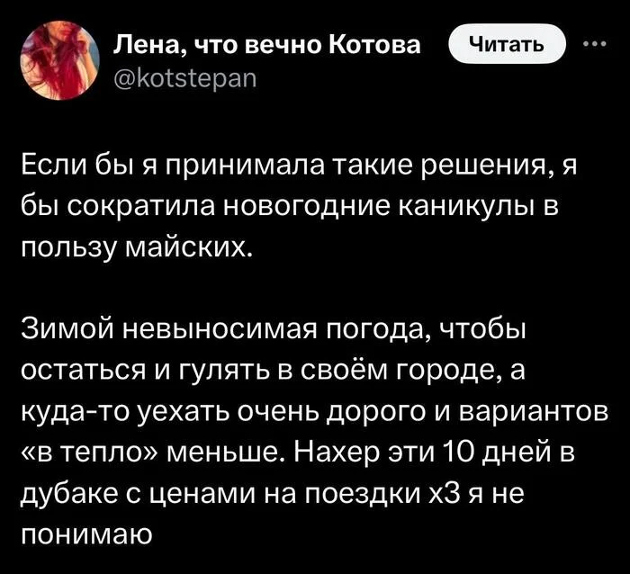 Непопулярное мнение - Картинка с текстом, Картинки, Мемы, Twitter, Зима, Лето, Каникулы, Май, Скриншот, Новогодние каникулы, Майские праздники, Мнение