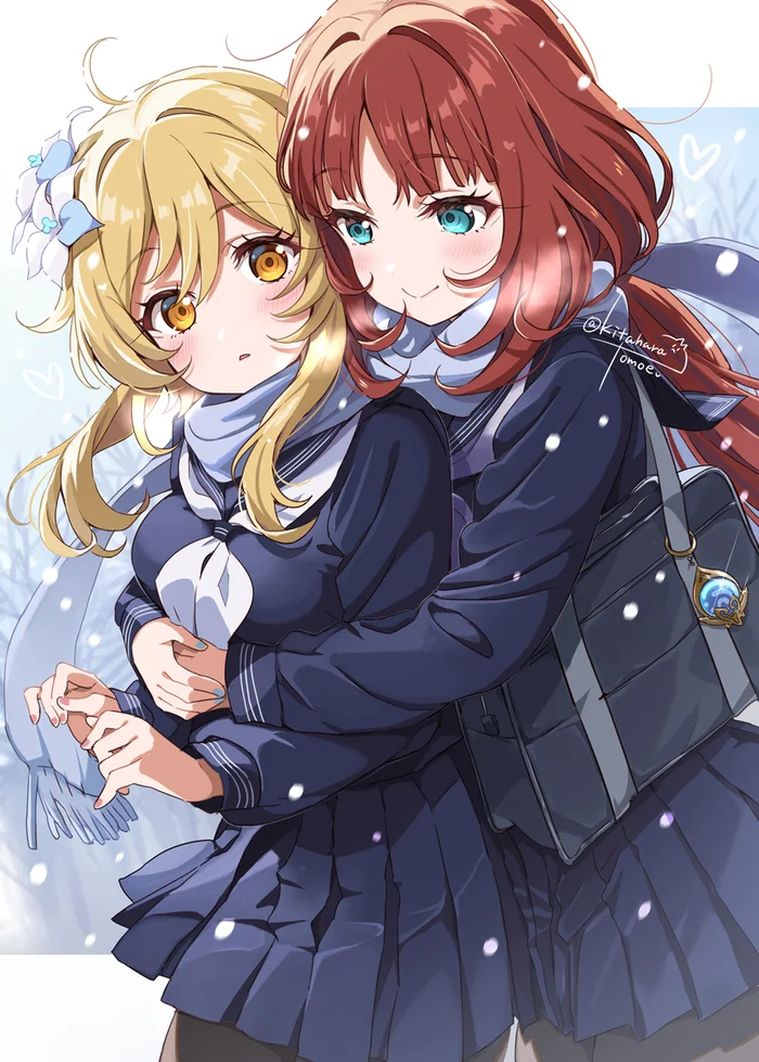 Lumin and Nilu - Anime art, Anime, Friend, Yuri, Genshin impact, Lumine (Genshin Impact), Nilou (Genshin Impact), Hugs, School uniform