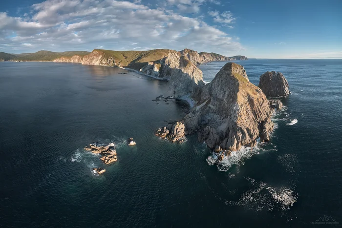 Panorama of the Cape of Four Rocks - My, The photo, Beautiful view, Morning, Дальний Восток, Primorsky Krai, dawn, Japanese Sea, Aerial photography