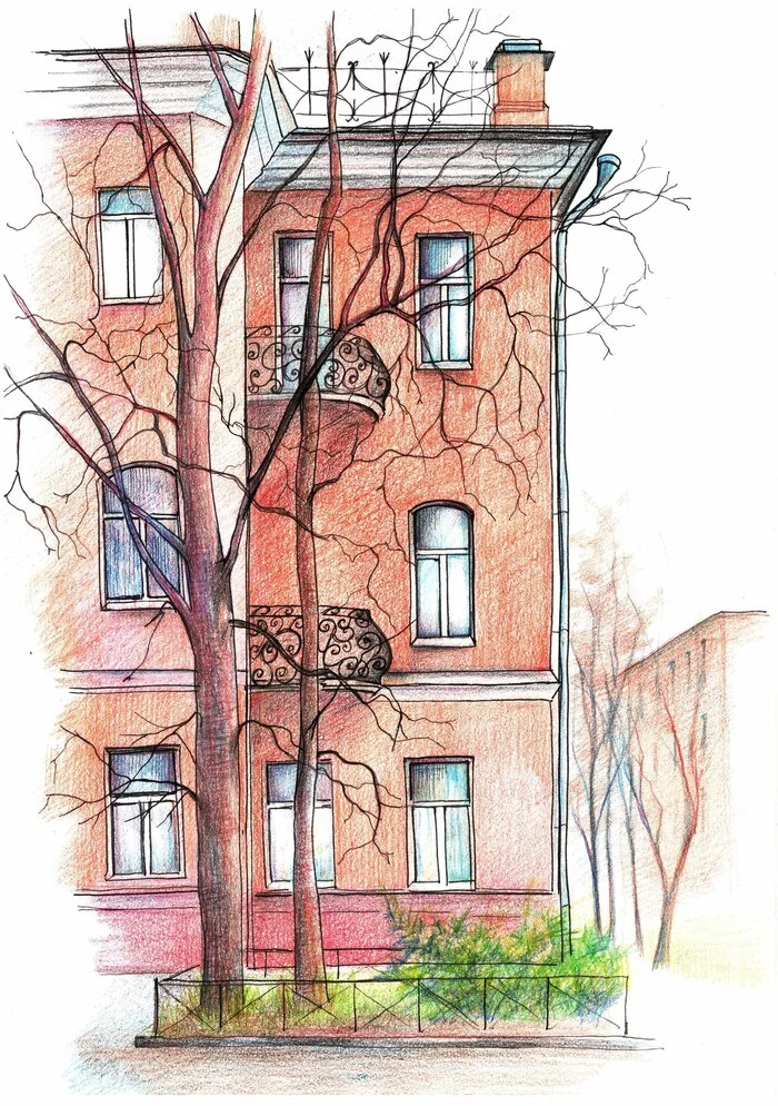 Okhta. House of merchant P. Ivanov - My, Luboff00, Colour pencils, Graphics, Liner, Traditional art