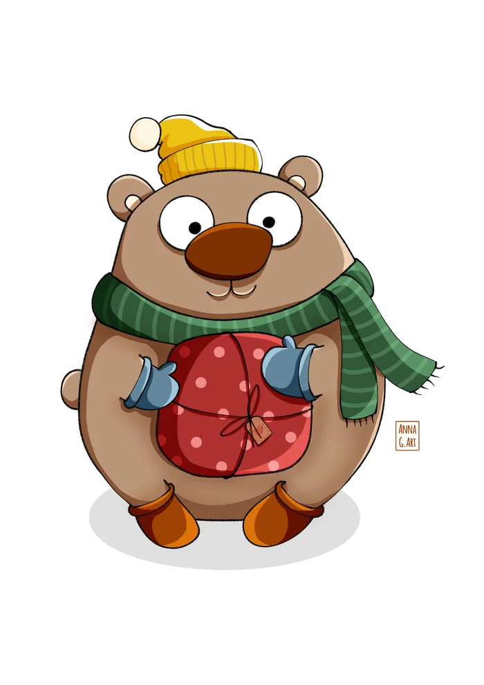 Teddy bear with a gift - My, Illustrations, Drawing, Digital drawing, Painting, Children, New Year, Presents