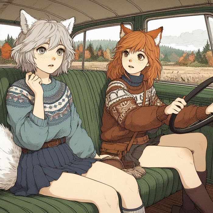 Cake Tour (e04) - My, Neural network art, Нейронные сети, Art, Girls, Anime, Anime art, Original character, Kitsune, Animal ears, Tail, Travels, Drive, Cake, Autumn, Ginger & White, Longpost