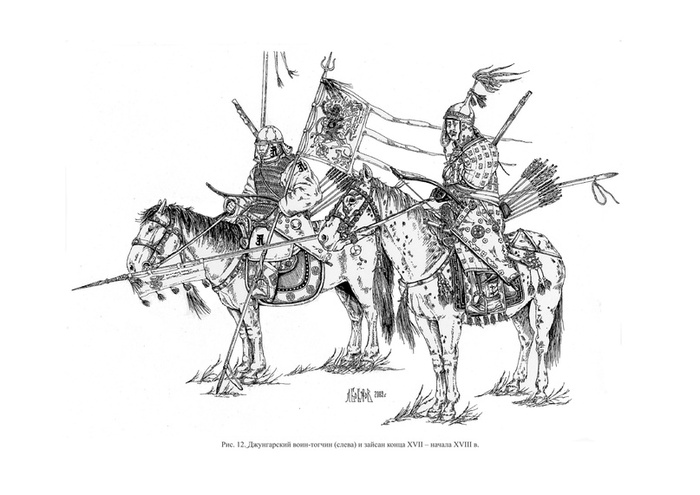 Ойратские воины XVII в.: тогчин и зайсан. Реконструкция и рисунок Боброва Л. А. по материалам музейных и частных собраний России, Казахстана, Китая, США, изобразительным и письменным источникам.