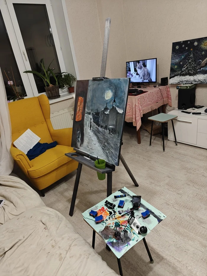 Творческий процесс (не дорисовал) - Моё, Картина, Холст, Город, Длиннопост