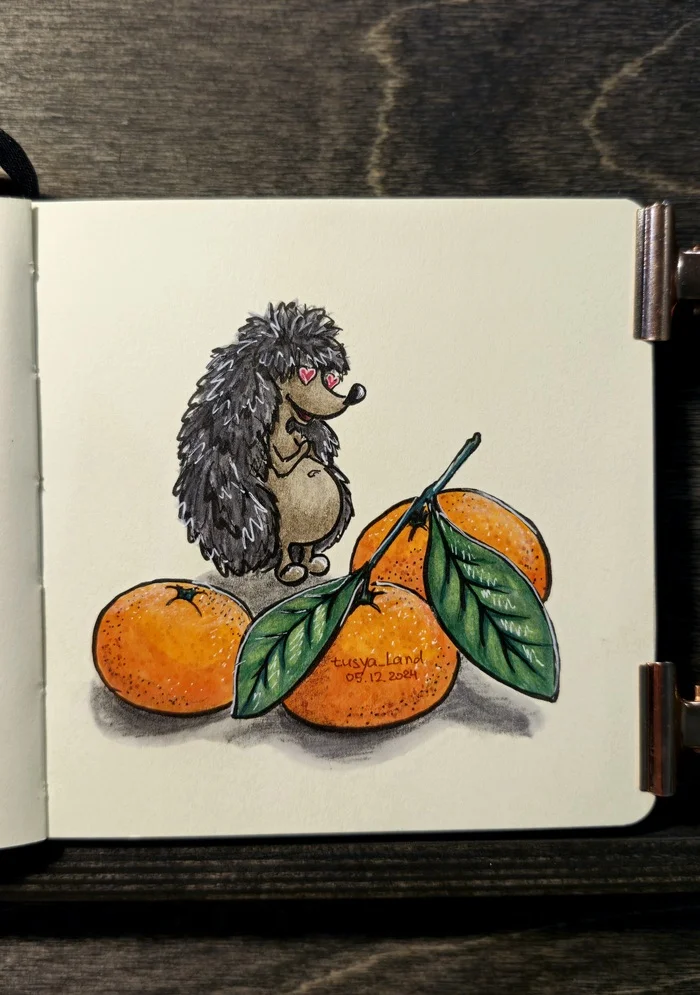 If there were tangerines... - My, Hedgehog, Tangerines, Sketch, Drawing, Creation, Alcohol markers, Colour pencils